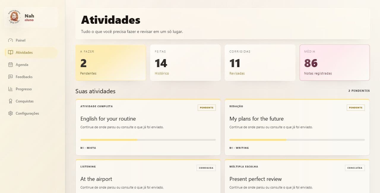 Prévia da área de Atividades com dados fictícios