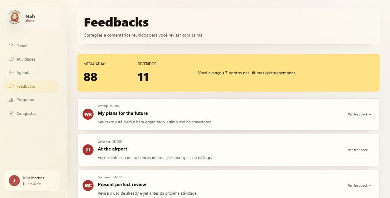 Prévia da área de Feedbacks com dados fictícios